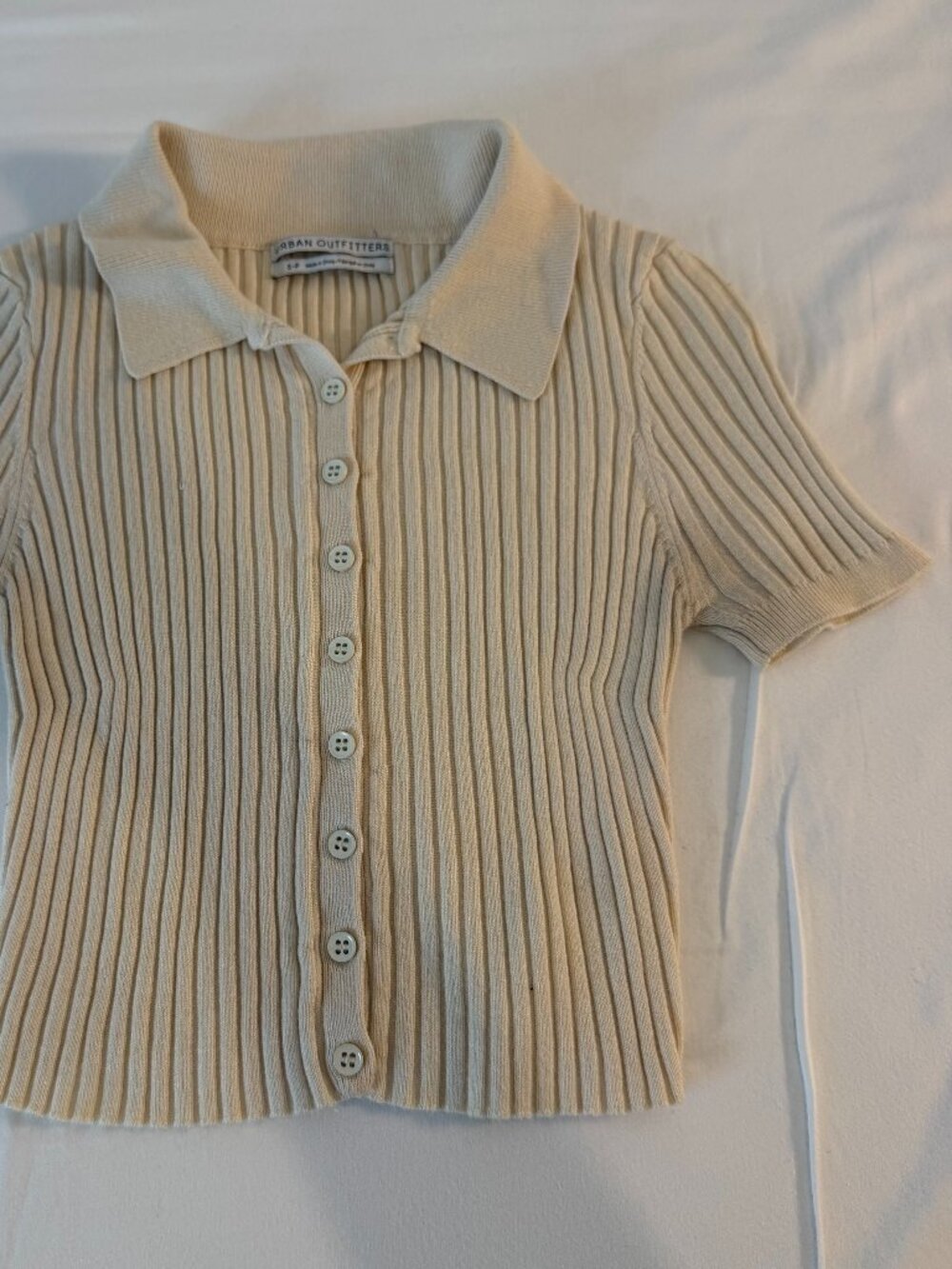Urban Outfitters Rib Knit Polo Cardigan Women's S Cream Short Sleeve Button Up